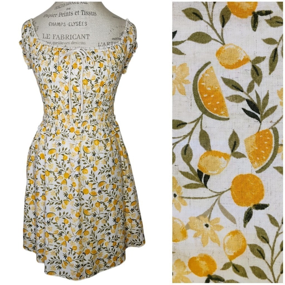Kirious Los Angeles Mini Dress Womens Small Fruit Print Linen Blend Smocked Cute